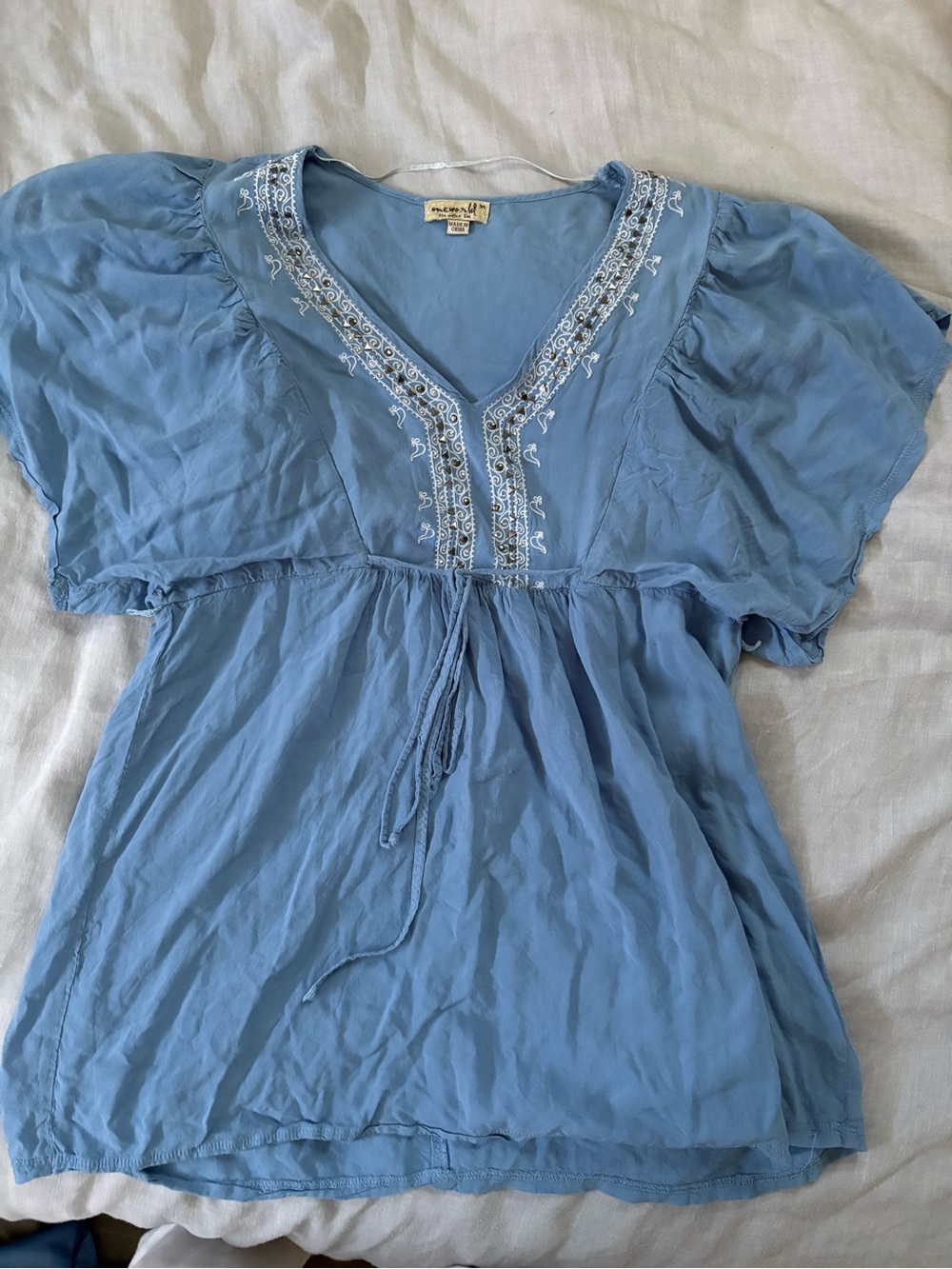 ONE WORLD Light Blue Embroidered V-Neck Tunic Top